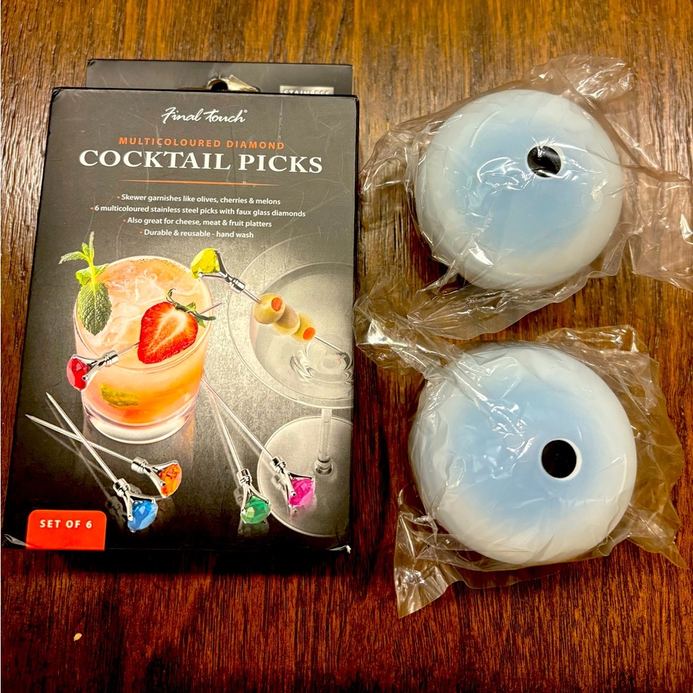 NWT Final Touch Multicolored Diamond Cocktail Picks and 2 Sphere Ice Cube Molds